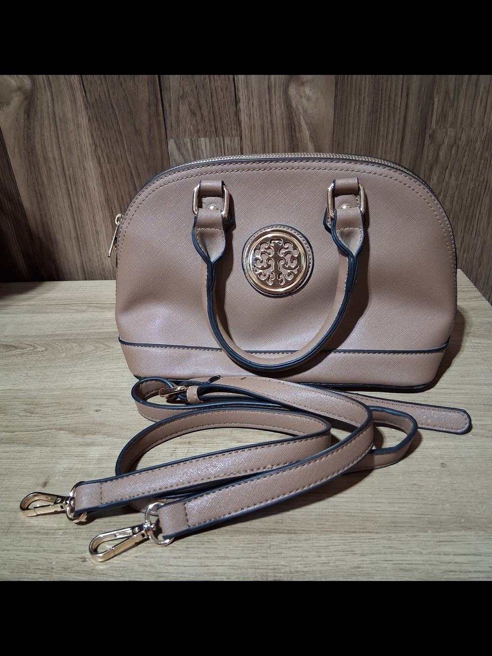 Women's Taupe Dome Satchel Handbag with Detachable Strap
